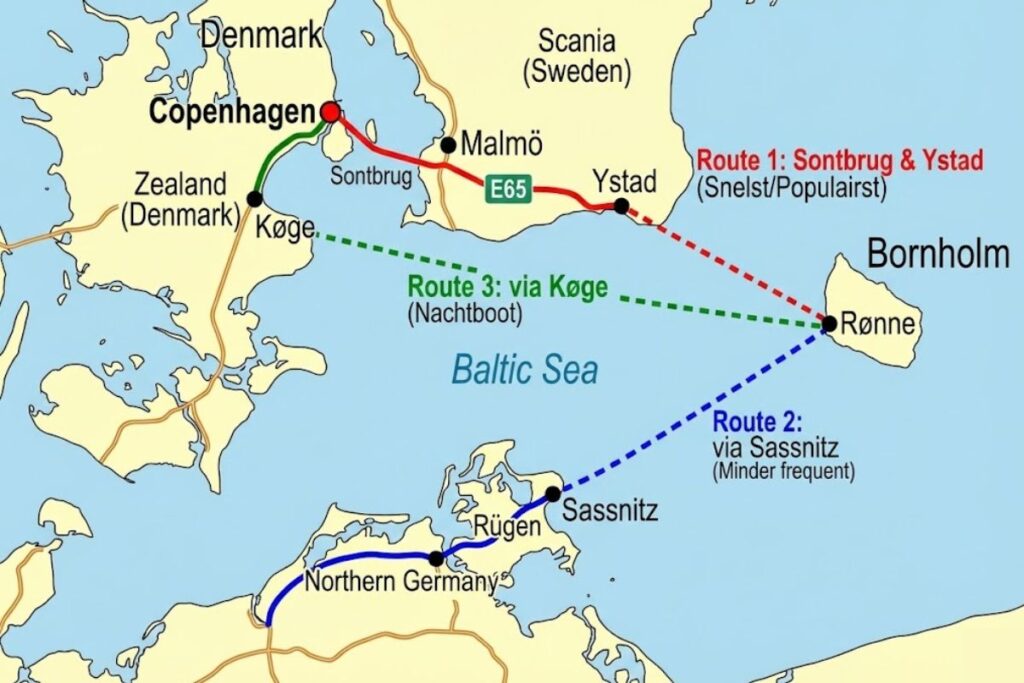 Kaart met veerboten naar Bornholm